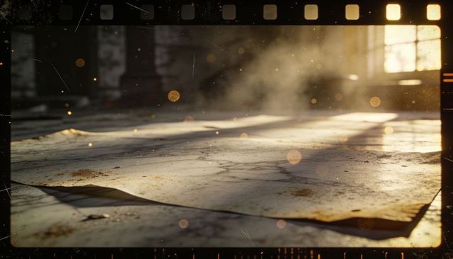 Sunlit worn canvas sheets on industrial floor with dust motes and vintage film-strip border
