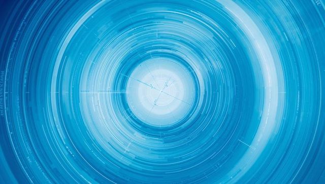 Futuristic blue data vortex with pulsing core, radial hud rings and digital gridlines
