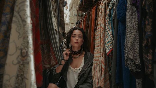 Bohemian Woman Exploring Textile Bazaar Amid Hanging Scarves and Vintage Fabrics