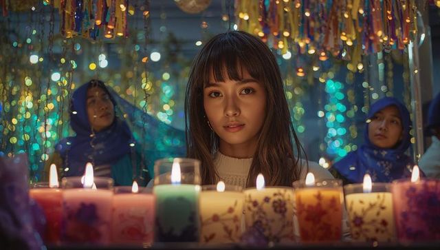 Vendor Admiring Candle Display at Night Bazaar with Colorful Lights