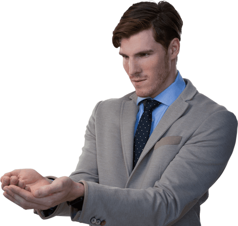 Focused Caucasian Businessman Holding Hands on Transparent Background