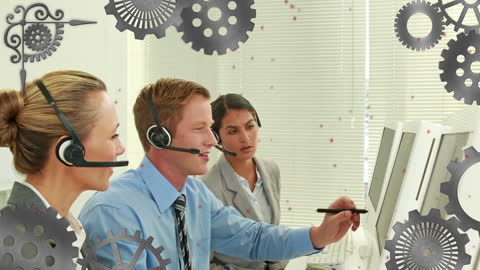 Team of Call Center Agents Collaborating with Technology Animation