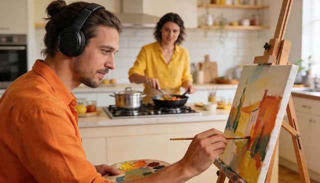 Couple painting and cooking in bright kitchen, man painting cityscape while partner cooks