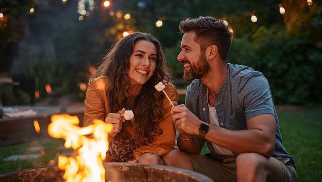 Romantic couple roasting marshmallows by backyard fire pit at dusk