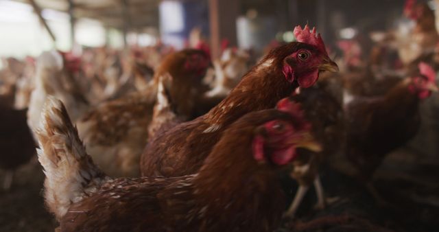 Chickens moving around in a crowded coop, highlighting the dense population in a commercial farming environment. This image is useful for articles on poultry farming, animal husbandry practices, or agricultural environments.