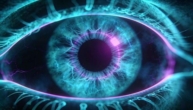Neon cybernetic eye with biometric circuitry and holographic iris for futuristic interface