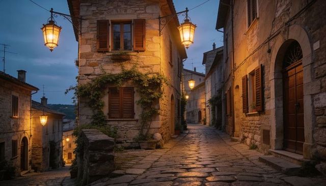 Glowing lanterns casting warm light on wet cobbled alley, ivy-clad stone house at dusk