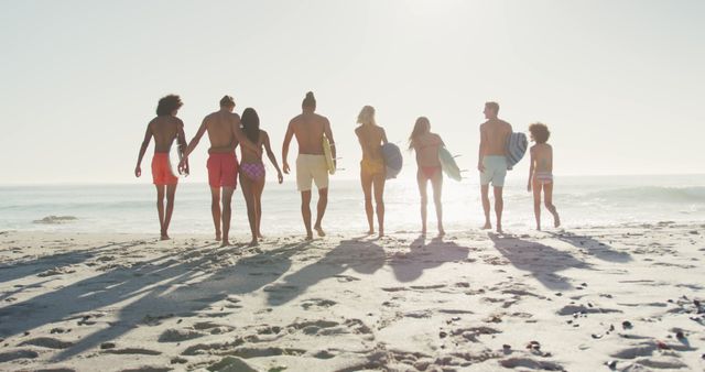 Group of Friends Heading Towards Ocean at Sunrise Holding Surfboards - Download Free Stock Images Pikwizard.com