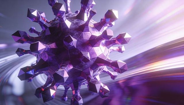 Rotating purple faceted orb gliding through neon light tunnel futuristic crystal virus