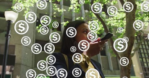 Woman Using Smartphone Surrounded by Digital Dollar Signs