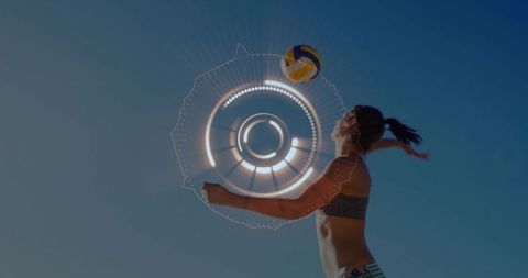 Female beach volleyball player spiking ball with futuristic hud overlay, sunny motion