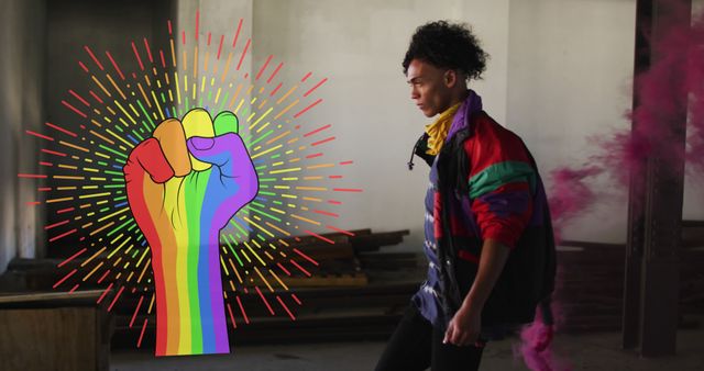 LGBTQ Pride and Activism with Multiracial Individual and Rainbow Fist Symbol - Download Free Stock Images Pikwizard.com