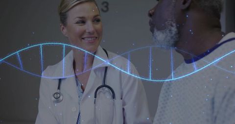 Doctor Consulting Patient with Digital DNA Visualization in Hospital