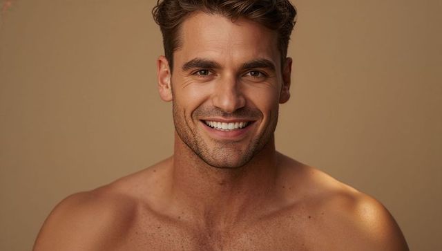 Smiling bare-chested male model making eye contact with warm beige backdrop