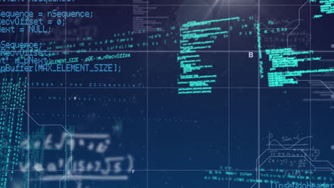 Digital Data Streams with Code on Blue Grid Background