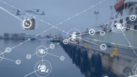 Drone Delivery in Port City Network Scape Background