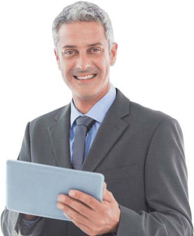 Confident businessman using tablet transparent background