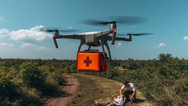 Drone delivering emergency medical kit over rural trail while helper tending casualty