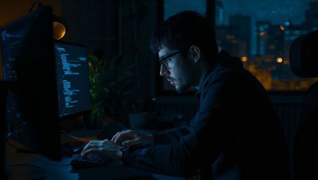 Nighttime developer coding on dual monitors in urban home office with blue ambient lighting