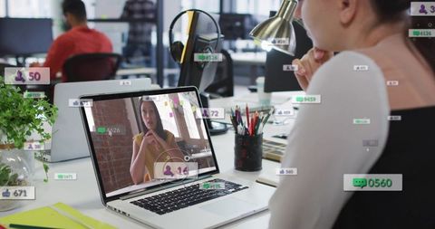 Remote team video conferencing with live social notifications in modern coworkorking office