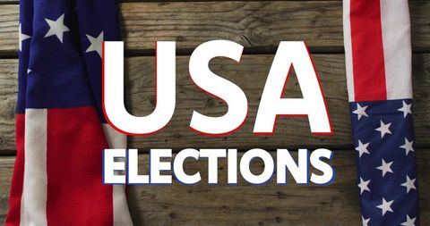 Usa elections typographic headline on weathered wood with american flag fabrics