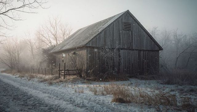 Weathered wooden barn standing on frosty rural lane under misty winter light and snow