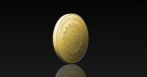 Golden nft coin on reflective black background