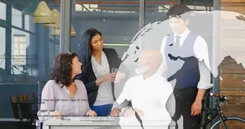 Senior team reviewing and signing business contracts with presenter and globe overlay