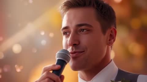 Groom Giving Heartfelt Wedding Toast with Microphone at Reception Closeup