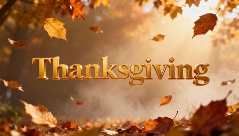 Floating gold thanksgiving typography with sunlit autumn leaves and misty woodland glow