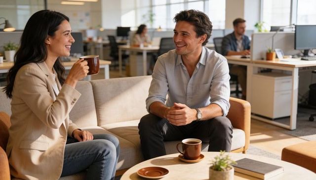 Smiling coworkers chatting over coffee in modern open-plan office lounge