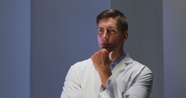 Male scientist wearing white lab coat standing in laboratory and appearing pensive or deep in thought. Suitable for use in healthcare, scientific research, medical studies, and academic contexts to represent thoughtfulness, knowledge, and professional research environments.