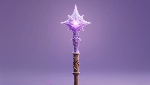 Mystical staff with glowing purple star crystal on wooden handle