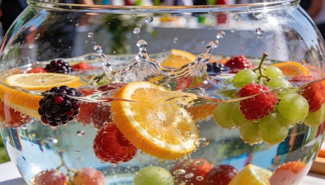 Citrus and berries splashing in glass bowl with sliced orange and grapes, refreshing