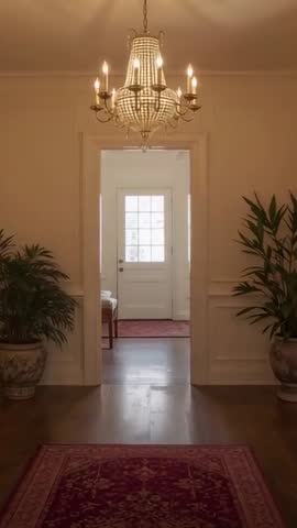 Vertical doorway reveal: centered push through foyer showcasing crystal chandelier and runner