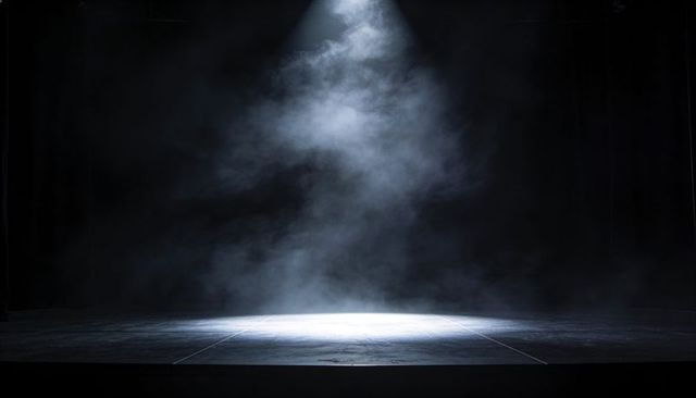 Shining Overhead Spotlight Casting Misty Haze Over Empty Theater Stage With Dark Curtains