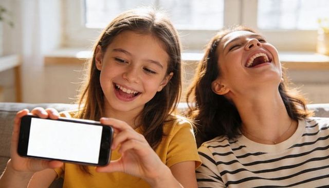 Laughing parent and preteen daughter holding phone with blank screen in sunlit living room