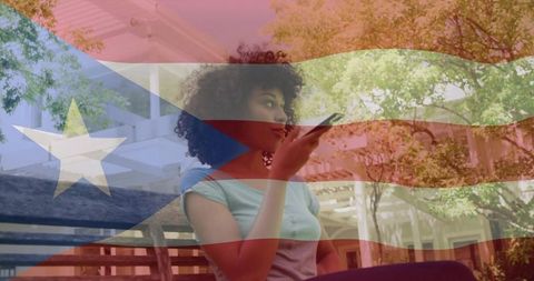 Woman Talking on Phone with Puerto Rican Flag Overlay