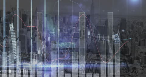 Animated Financial Data Stream Over Cityscape Background
