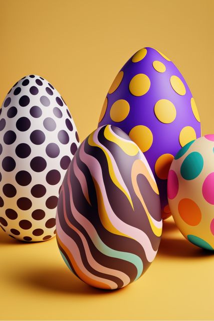 Several brightly colored Easter eggs with various patterns, ranging from polka dots to wavy lines. Perfect for use in designs related to Easter celebrations, holiday-themed decorations, festive invitations, and children's craft projects.