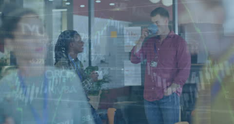 Colleagues Discussing Work Amid Financial Data Overlays