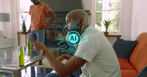 Man gesturing on orange sofa discussing ai technology with circuit overlay in living room