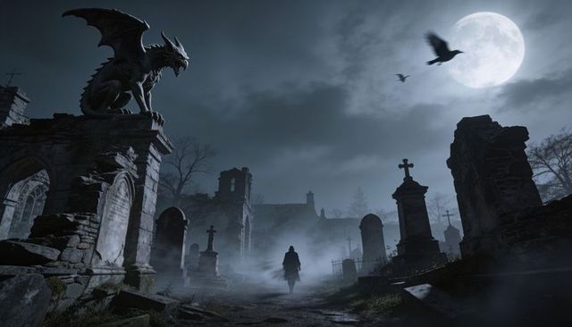 Moonlit cloaked figure walking through foggy ruined graveyard with perched gargoyle