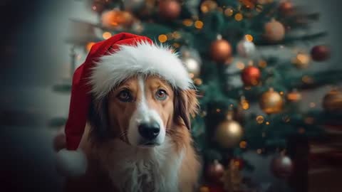 Festive Dog in Santa Hat in Front of Decorated Christmas Tree