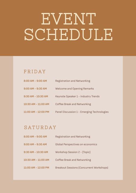 Plan your day with ease. A clear event schedule template that conveys structure and timing. Ideal for conferences, this layout can also serve for school or work agendas