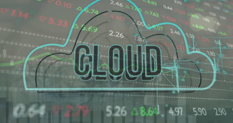 Cloud Technology Overlapping Stock Market Graph with Urban Cityscape