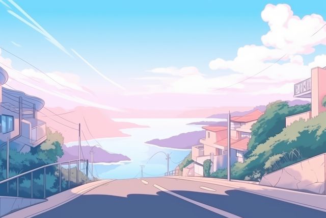 Scenic seaside road at sunset with pastel-colored sky and residential houses. Ideal for themes of travel, relaxation, scenic drives, coastal living, and tranquility. Suitable for website headers, travel brochures, and desktop wallpapers.