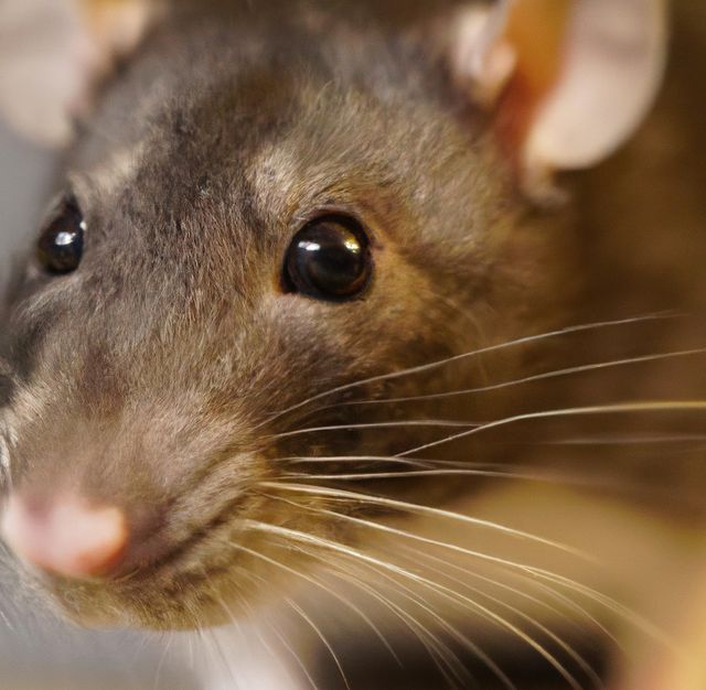 Image of close up of side view of rat with whiskers on grey background. Animals, rodents and rats concept.