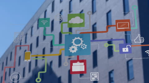 Digital Network Animation Overlaying Modern Architecture