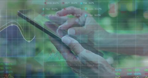 Mature hands holding smartphone, swiping through financial charts and analytics overlay